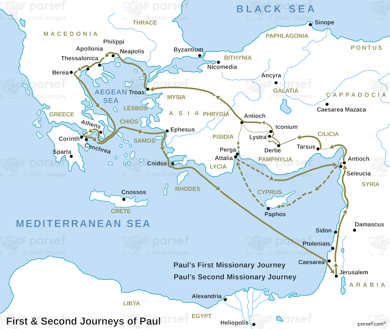 First & Second Journeys of Paul Map bible map